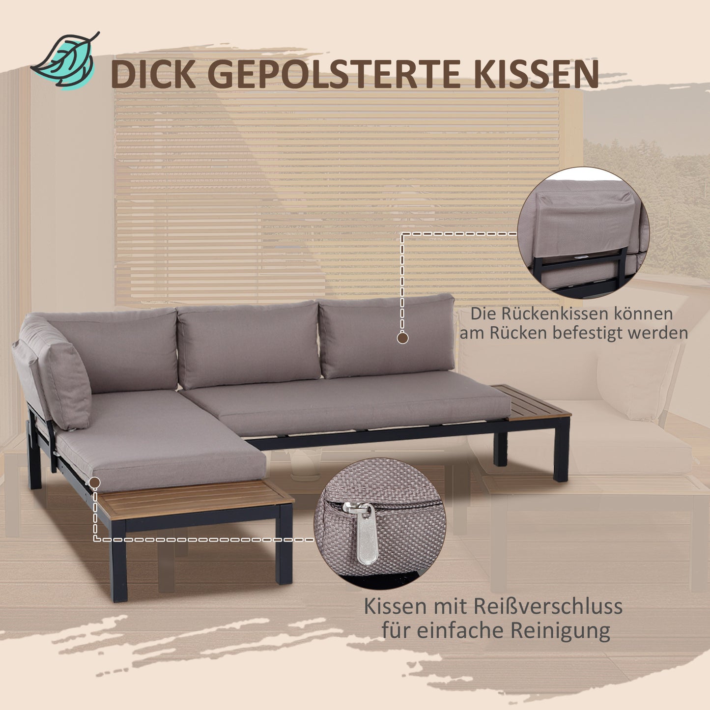 3-delige loungeset – tuinset – loungeset – balkonset – terrasset – aluminium frame – waterafstotende kussens – grijs/natuurkleur