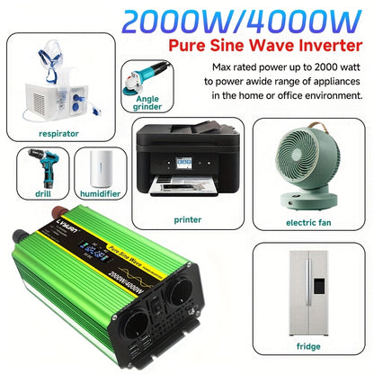 Zuivere Sinusgolf Omvormer – Stroomomzetter – DC-AC Converter – Spanningsomzetter – 24V Omvormer – 2000W Continu Vermogen – Draadloze Afstandsbediening & LCD Display