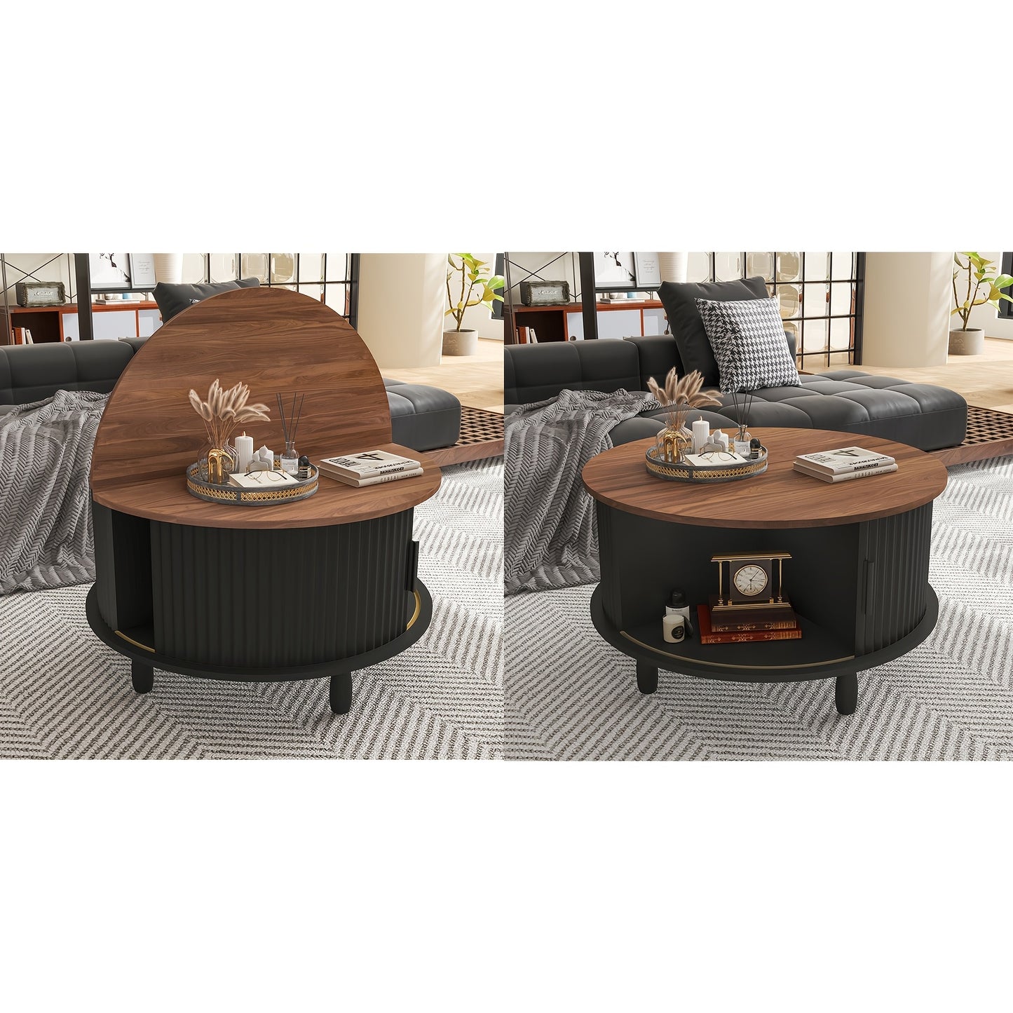 Salontafel – Koffietafel – Woonkamertafel – Bijzettafel – Loungetafel – Massief Hout – Lift-Top Met Opbergruimte – Zwart Met Walnotenhouten Blad