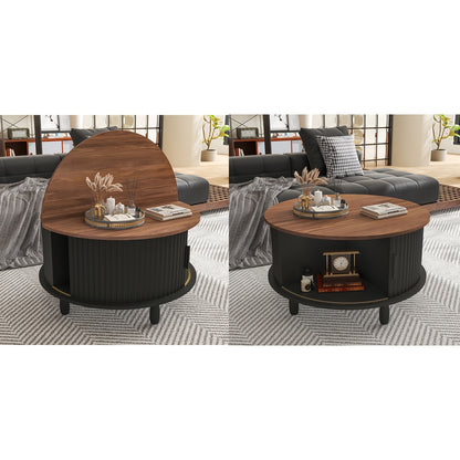 Salontafel – Koffietafel – Woonkamertafel – Bijzettafel – Loungetafel – Massief Hout – Lift-Top Met Opbergruimte – Zwart Met Walnotenhouten Blad