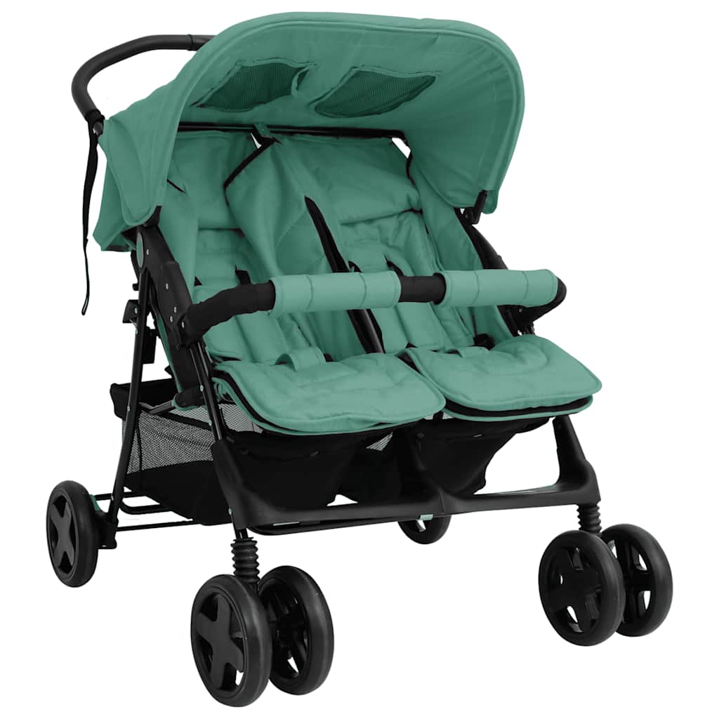 Tweelingwagen – Dubbele Kinderwagen – Tandemwagen – Babywagen – Duo Buggy – Staal Frame – Verstelbare Zitposities – Groen