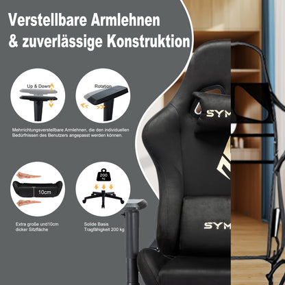Gamingstoel – Bureaustoel – Gamer Stoel – Office Chair – Zwarte Ergonomische Stoel – Geheugenschuim Zitting – Verstelbare Lendensteun & Voetensteun