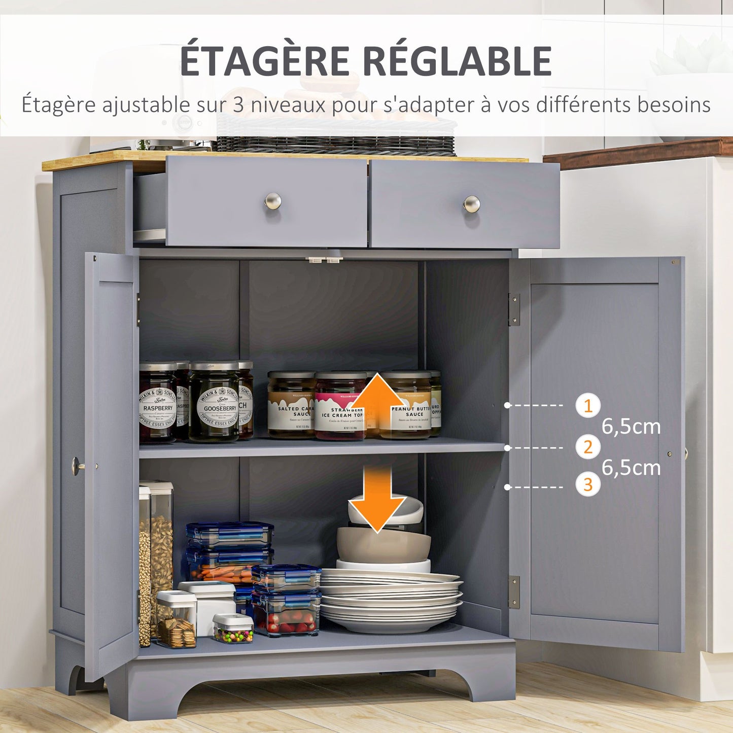 HOMCOM Multi-Storage Buffet with 2 Doors And Adjustable Shelf 2 Sliding Drawers Wooden Teak Top