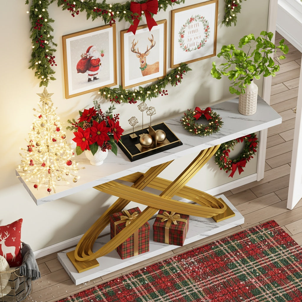 Sidetable – Consoletafel – Wandtafel – Haltafel – Bijzettafel – Smal Rechthoekig Ontwerp – Faux Marmeren Gouden Blad – Robuust Massief Houten Frame