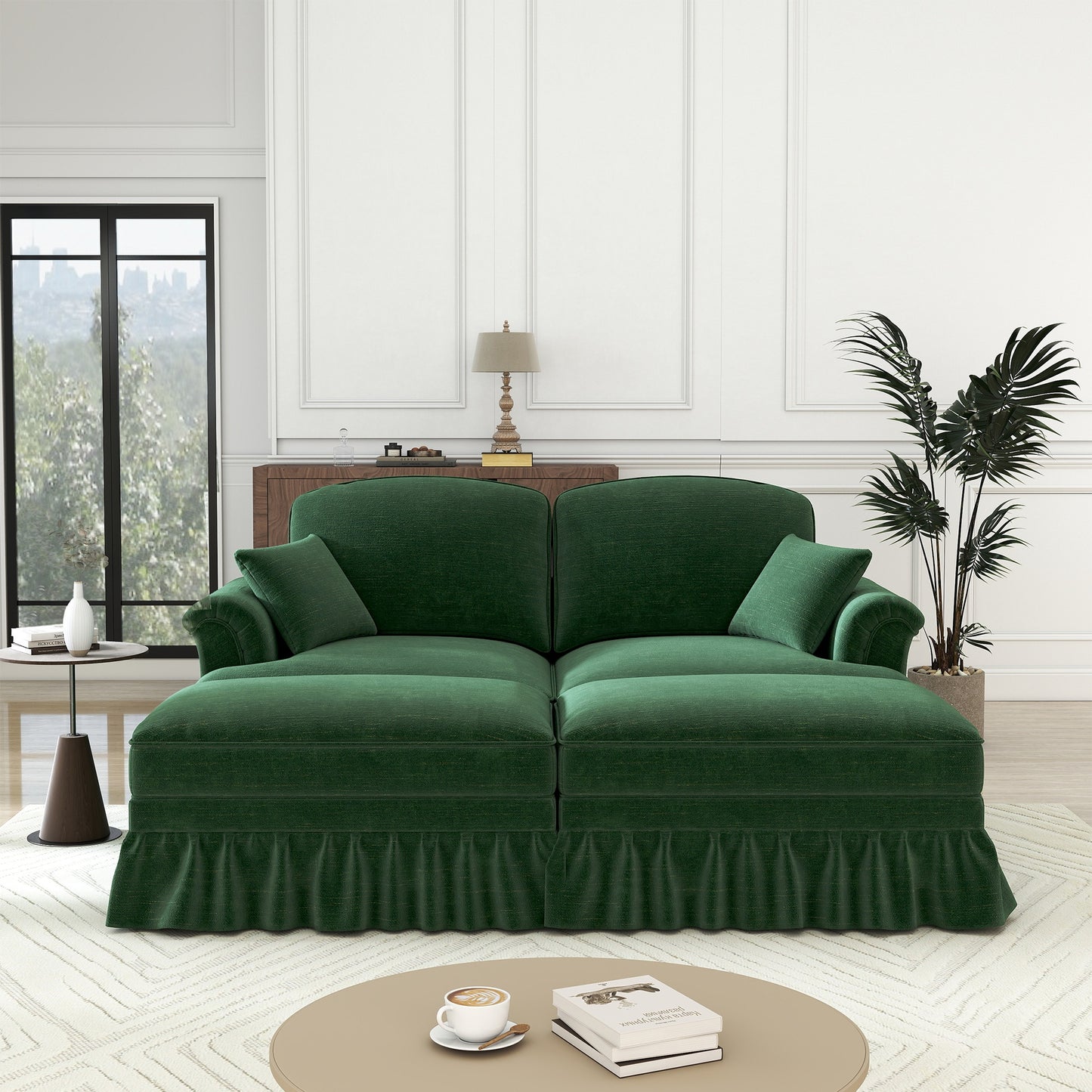 Chenille Slaapbank – Slaapbank Bedbank – Zitbank – Logeerbed – Slaapbank Groen – Zachte Chenille Stof – Losse Voetensteun & Afneembare Rok
