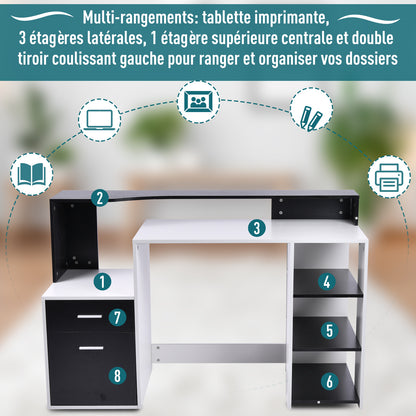Computertafel – Bureau – Werkplektafel – Study Desk – Home Office Desk – Met 3 Zijvakken en 2 Laden – Compact En Stevig MDF Hout – Wit/Zwart