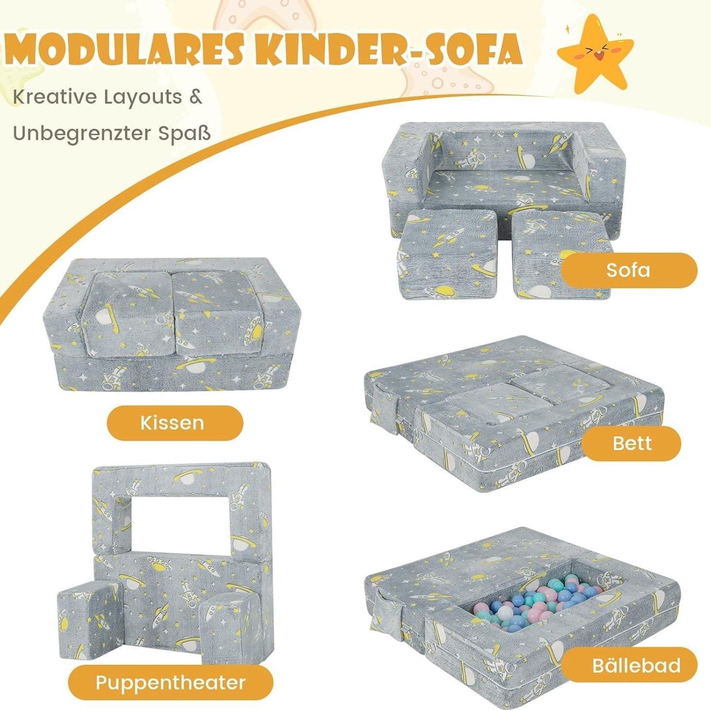 Kinderfauteuil – Kinderbank – Kindersofa – Speelbank – 4-in-1 Met 2 Poefjes – Gloeit In Het Donker – Afneembare Wasbare Hoezen