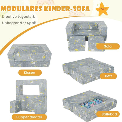Kinderfauteuil – Kinderbank – Kindersofa – Speelbank – 4-in-1 Met 2 Poefjes – Gloeit In Het Donker – Afneembare Wasbare Hoezen