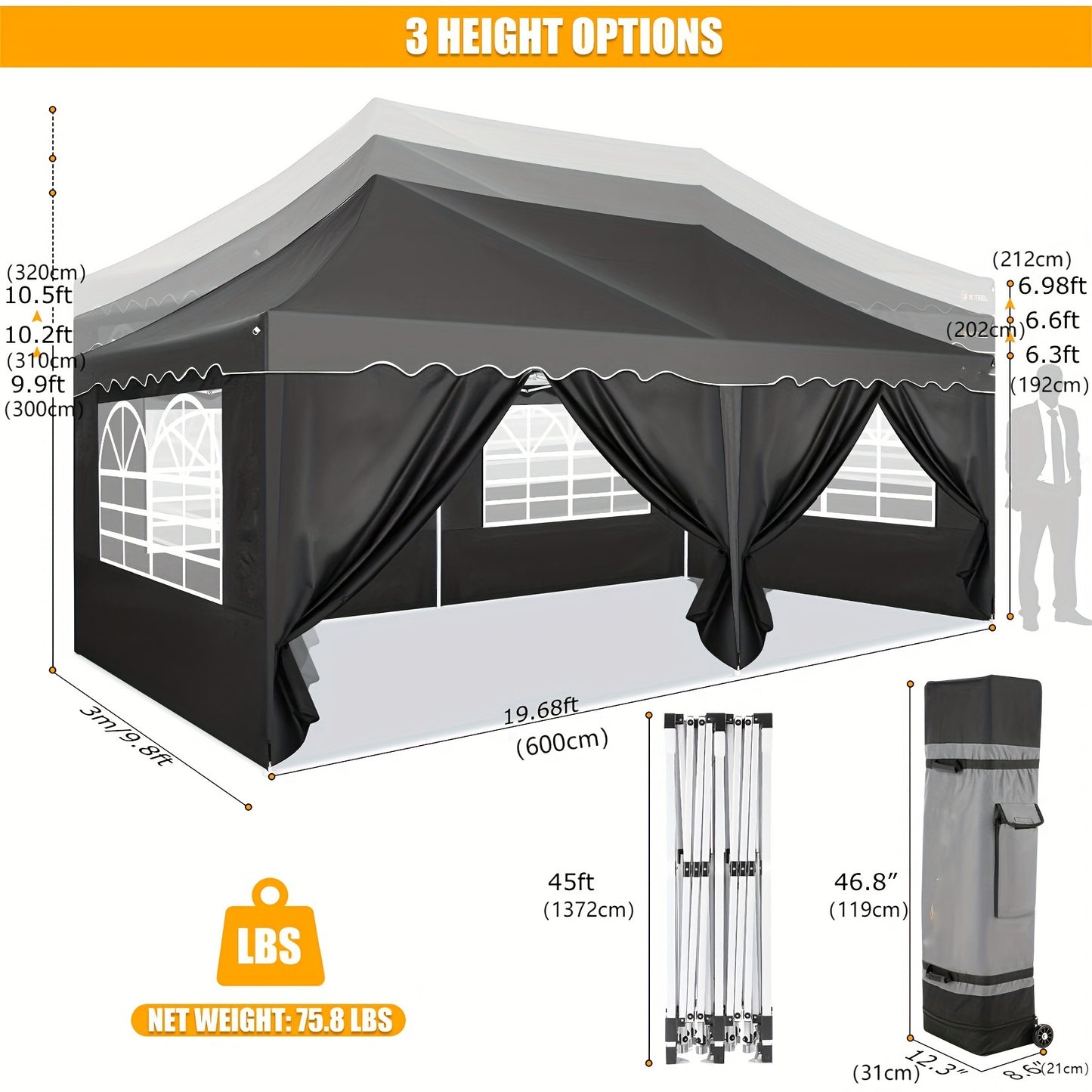 Pop-up Gazebo Tent – Partytent – Vouwtent – Buitenpaviljoen – Parasoldoek – 3x6m - Zwart – Inclusief Zijpanelen – UV-Bestendig & Lichtgewicht