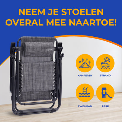Loungestoel – Fauteuil – Relaxstoel – Tuinstoel – Verstelbare Stoel – Set van 2 – Weerbestendig Staal – Inclusief Bijzettafel met Bekerhouders