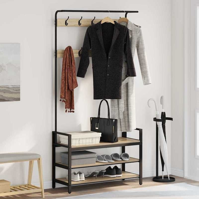 Kapstok Staande – Garderobe Rek – Jassenhanger – Schoenenrek – Halmeubel – Eiken – Ruimtebesparend Design – Stevig Multipurpose Meubel 95x34x184 cm