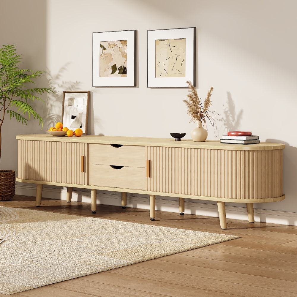 Living room television cabinet featuring a circular tabletop design with two drawers, each capable of bearing up to 30 kilograms. Minimalist contemporary style. Dimensions: 175 x 40 x 42 centimetres.,  Media Console, Sleek St