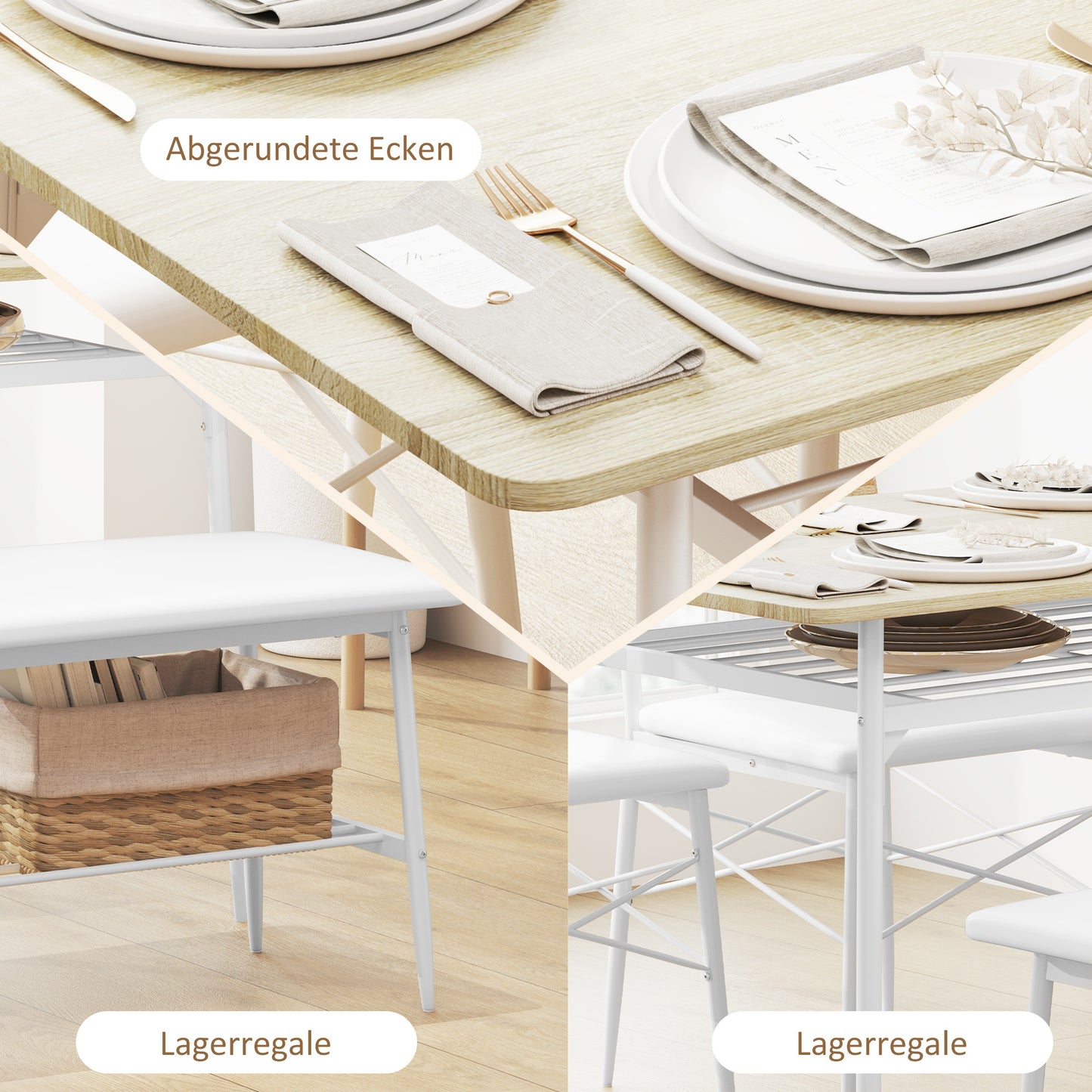 Dining Table with 2 Chairs, Bench, 4-Seater Dining Set, Kitchen Table Set with Storage for 4 People, Dining Set for Small Spaces, Kitchen, Living Room, Oak