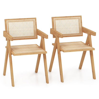 Rotan Stoelen – Rattan Eetkamerstoelen – Bistro Stoelen – Armstoel – Accent Stoelen – Natuurlijke Bamboe Frame – Mid Century Design – Imitatie Rotan Rugleuning – Set Van 2