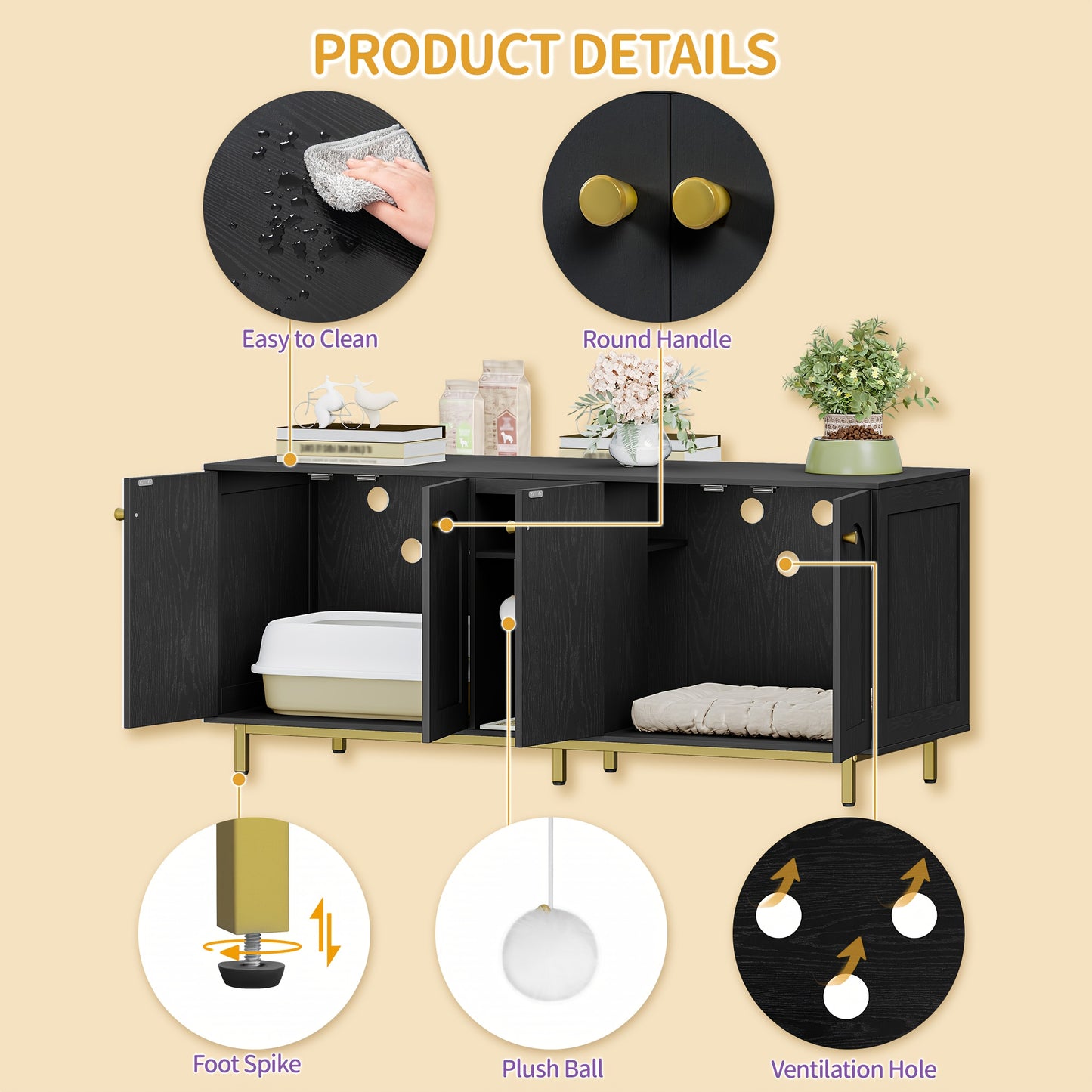 Kattenbakkast – Kattenkast – Kattenbak Meubel – Kattenhuis – Kattenbak Ombouw – Voor 2 Katten – Verborgen Kattenbak Met Opbergruimte – Wit Met Gouden Accenten – 140x48x62 cm – Inclusief Pluche Speelballen