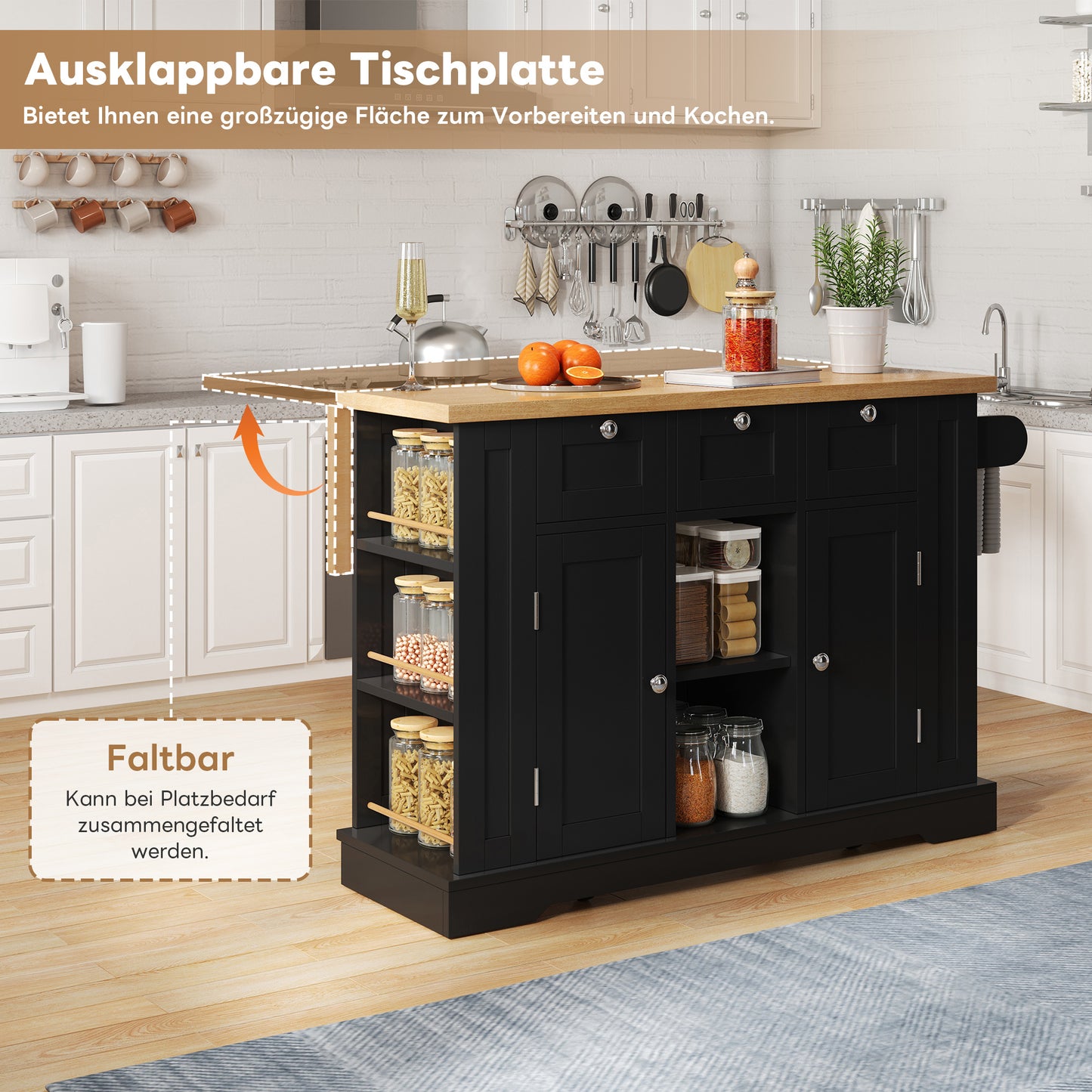 Keukentrolley – Keukenwagen – Serveerwagen – Keukenkar – Werkbank – Uitschuifbaar Werkblad 40-70 cm – 3 Lades & Kastdeuren met Verstelbare Planken – Zwart