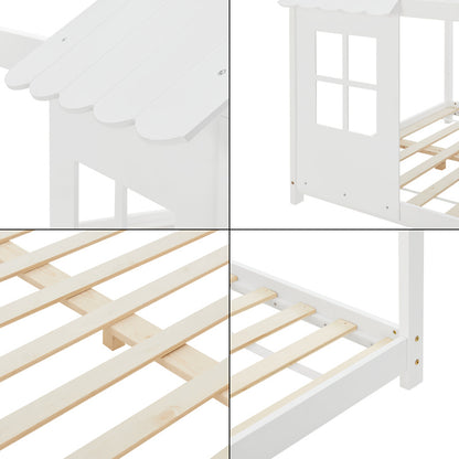 Kinderbed – Huisjesbed – Kinderbedden – Eenpersoonsbed – Speelbed – Massief Hout – Semi-Open Ontwerp – 140x200 cm – Wit
