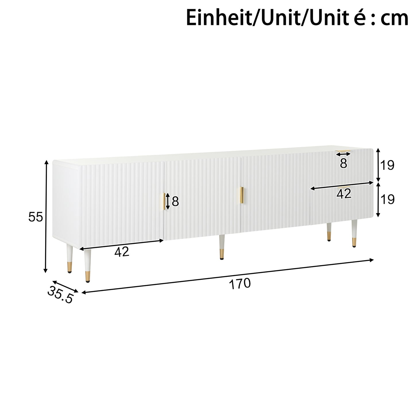 Tv-Meubel – Tv-Kast – Lowboard – Mediamöbel – Dressoir – Wit Met Gouden Accenten – 170x36x55 CM – Veel Opbergruimte Met Softclose Deuren