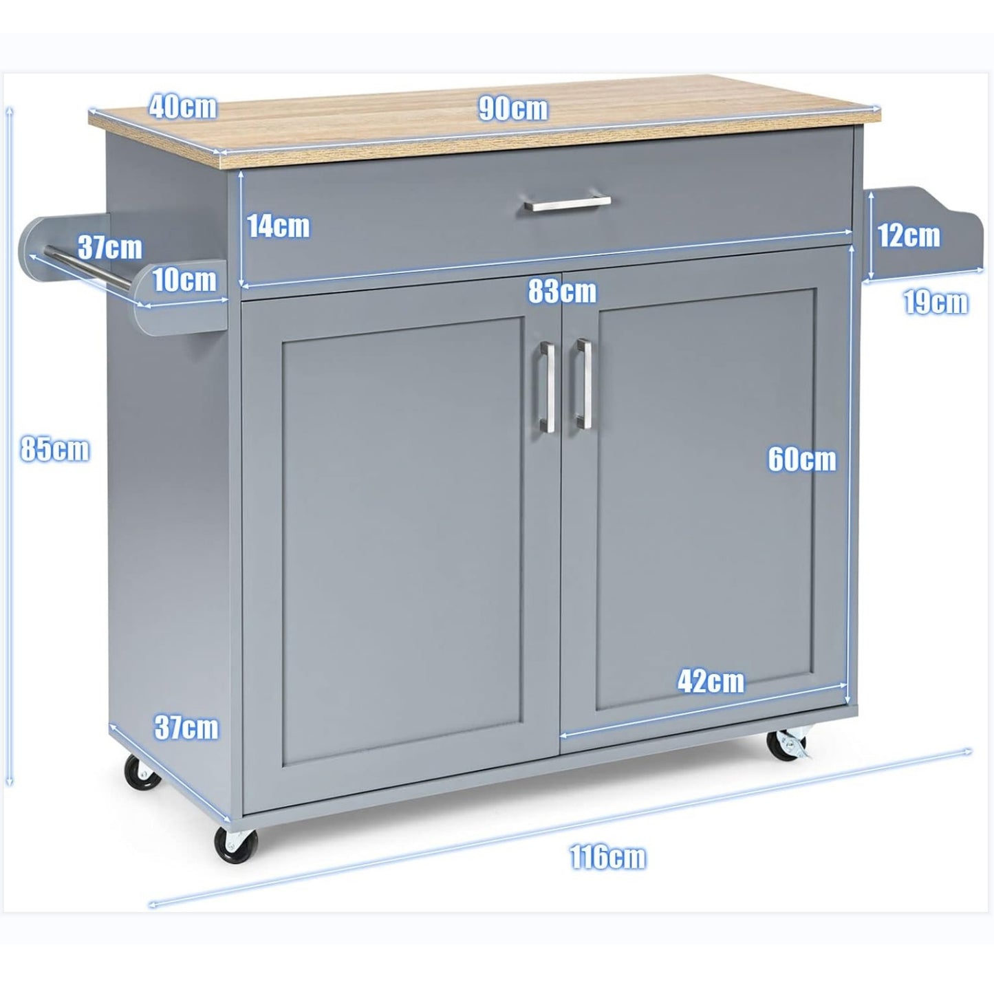 Keukeneiland op Wielen – Keuken Karretje – Opbergtrolley – Keukenwagen – Werktafel – Verstelbare Plank – Groot Opslagvak – Kruidenrek en Handdoekhouder