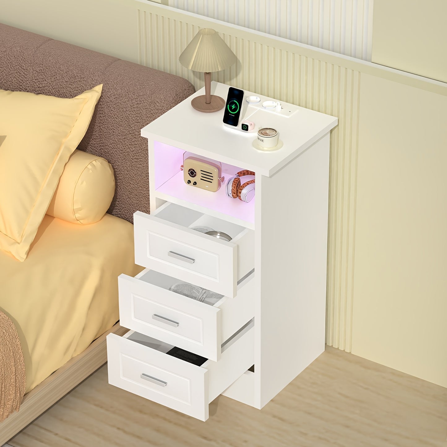 Nachtkast – Bijzettafel – Bedtafeltje – Opbergkast – Nachtkastje – Wit – 3 Lades + Open Vak – USB LED-Verlichting – Compact & Ruimtebesparend