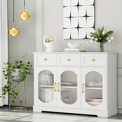 Dressoir – Buffetkast – Opbergkast – Kast – Tv-meubel – Modern Wit – 3 Lades & 3 Glazen Deuren – Verstelbare Planken & Gouden Handgrepen – Spaanplaat – 120x89,7x39,8 cm