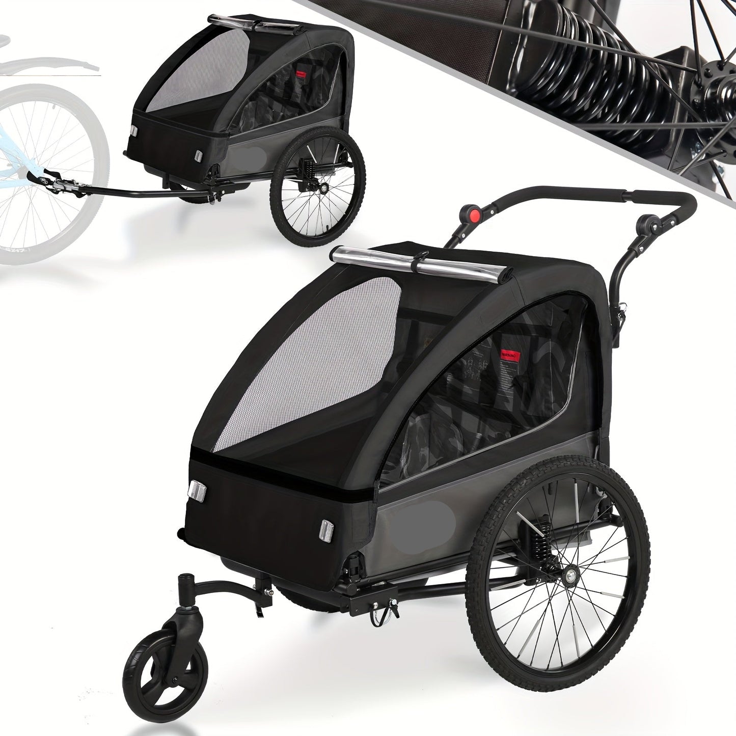 Kinderfietskar – Fietstrailer – Joggingwagen – Kinderwagen – Boodschappenkar – 2-in-1 Fiets- en Joggerfunctie – 5-Punts Veiligheidsgordel – Max 40 kg – Zwart - QUORE