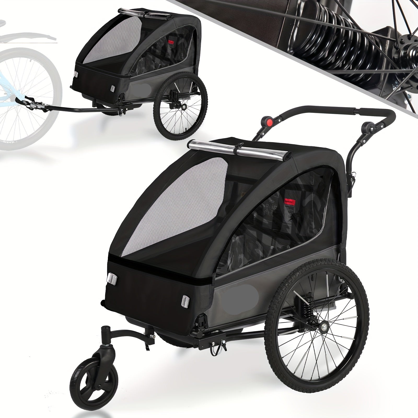 Kinderfietskar – Fietstrailer – Joggingwagen – Kinderwagen – Boodschappenkar – 2-in-1 Fiets- en Joggerfunctie – 5-Punts Veiligheidsgordel – Max 40 kg – Zwart - QUORE