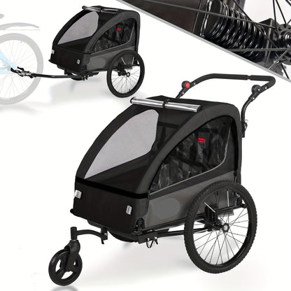 Kinderfietskar – Fietstrailer – Joggingwagen – Kinderwagen – Boodschappenkar – 2-in-1 Fiets- en Joggerfunctie – 5-Punts Veiligheidsgordel – Max 40 kg – Zwart - QUORE