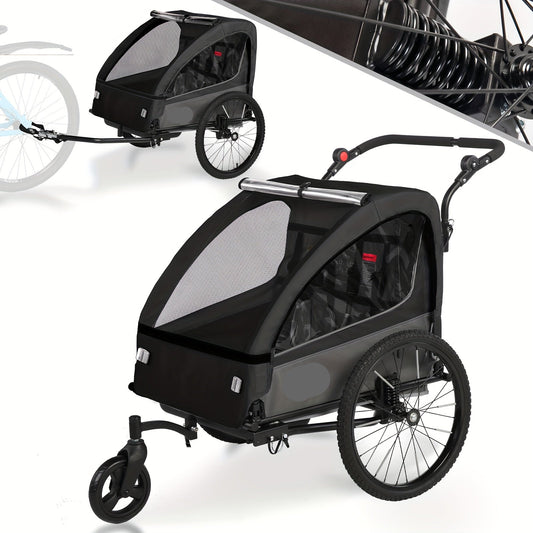 Kinderfietskar – Fietstrailer – Joggingwagen – Kinderwagen – Boodschappenkar – 2-in-1 Fiets- en Joggerfunctie – 5-Punts Veiligheidsgordel – Max 40 kg – Zwart - QUORE