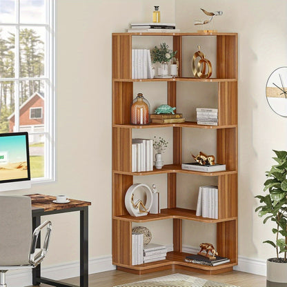 Boekenkast – Boekenrek – Opbergkast – Vakkenkast – Stellingkast – 6-laags Hoekontwerp – Stevig MDF Notenhout – Anti-val Panelen – 165 cm Hoog