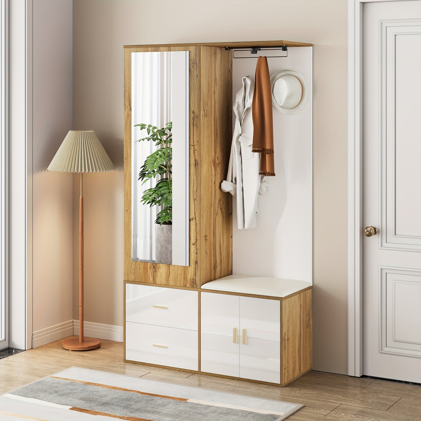 Kledingkast – Kledingkasten – Garderobekast – Opbergkast – Schoenenkast – Compleet Set Wit Houtkleur – Spiegel Inclusief – Uitschuifbare Kledingrail
