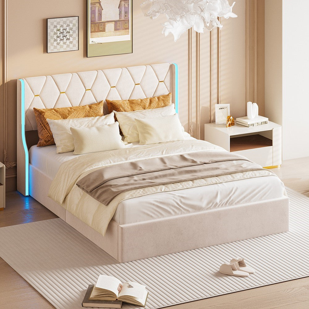 Gestoffeerd Bed – Tweepersoonsbed – Led Bed – Opbergbed – Velvet Bed – 160x200 cm – Inclusief Opbergruimte en Led Verlichting