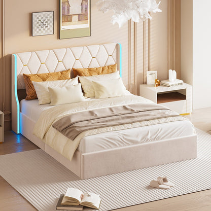 Gestoffeerd Tweepersoonsbed – Bedframe – Slaapbed – Opbergbed – Veloursbed – 160x200 cm – Met LED-Verlichting – Met Dubbele Opbergruimte
