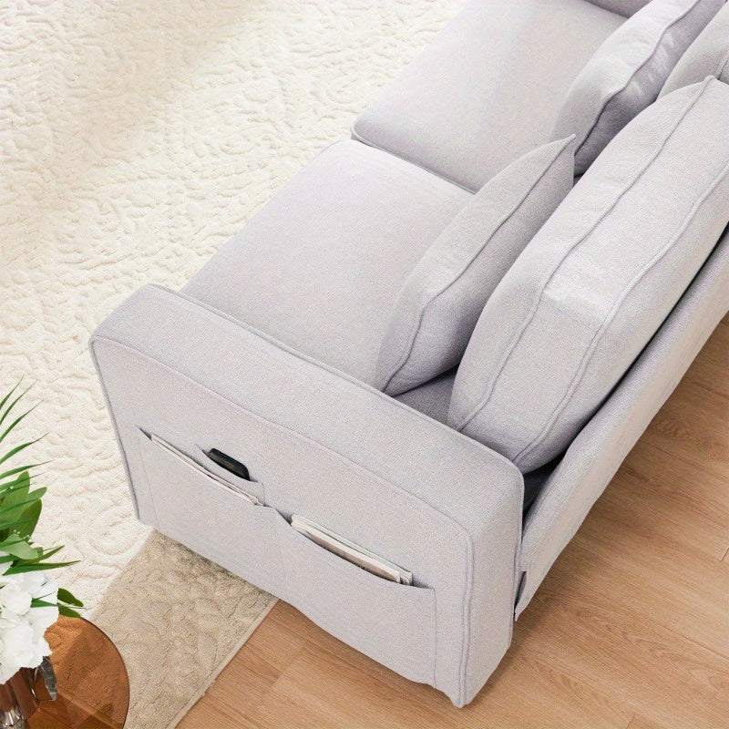 Bankstel – Hoekbank – 4-zitsbank – Slaapbank – Zitbank – Linnen Stoffering – Ingebouwde Console Met 2 Bekerhouders – Armleuning Met Opbergvakken – 4 Comfortabele Kussens – Duurzaam Gemengde Kleuren – Modern Minimalistisch Design