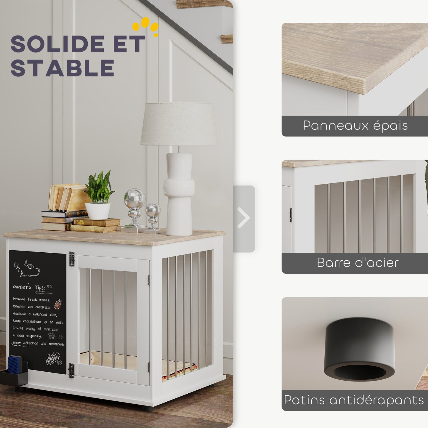 Hondenbench – Hondenkooi – Mand – Hondenhok – Binnenkennel – Middelgrote Hond – Drie Deuren – Multifunctionele Bijzettafel – Wit – 80x60x70 cm – Met Krijtbord