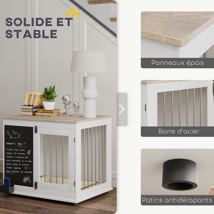Hondenbench – Hondenkooi – Mand – Hondenhok – Binnenkennel – Middelgrote Hond – Drie Deuren – Multifunctionele Bijzettafel – Wit – 80x60x70 cm – Met Krijtbord