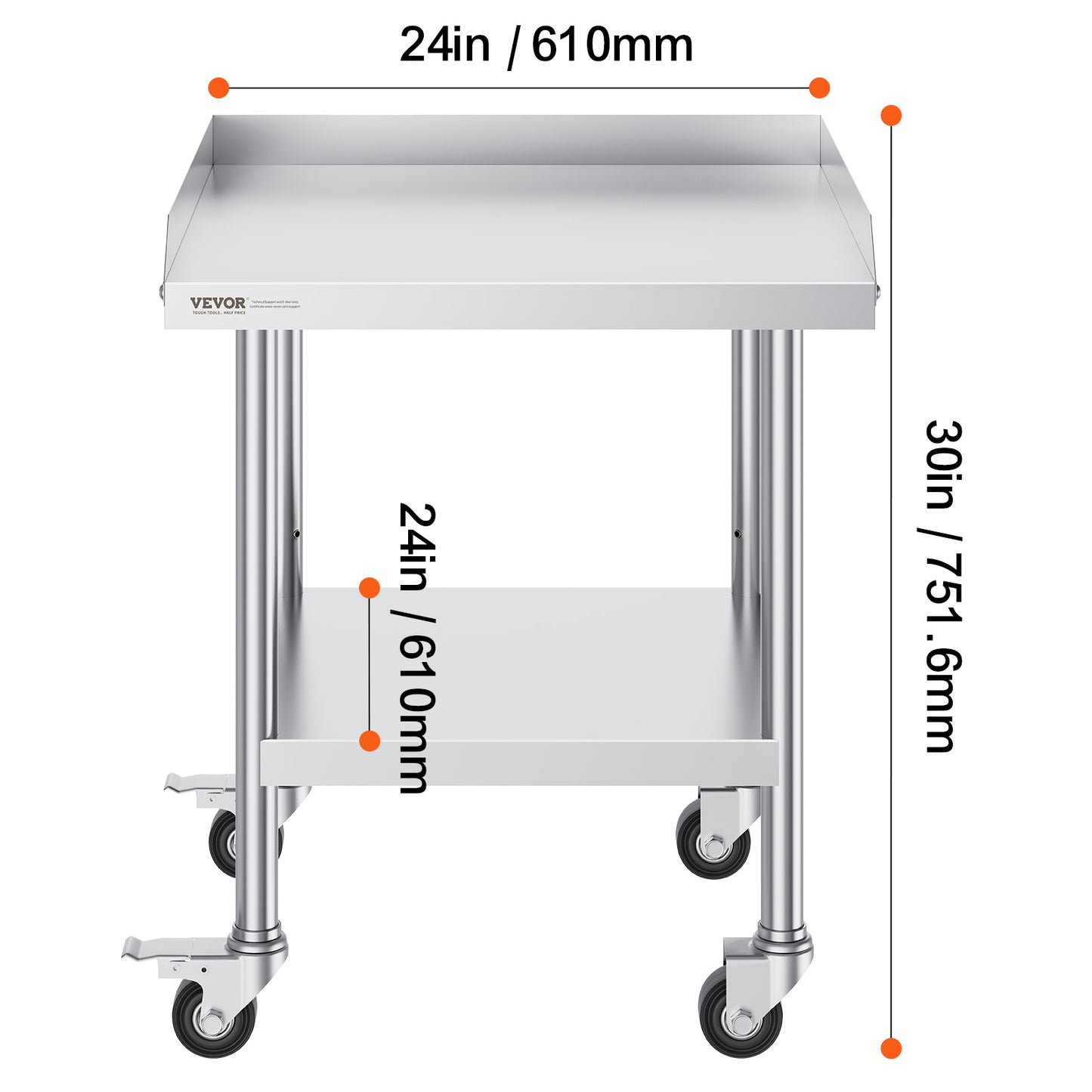 Roestvrijstalen Werktafel – RVS Werkbank – Keukenwerktafel – Cateringtafel – Voedselbereidingstafel – 24x24x30 Inch – 4 Wielen Met Rem – 3-Zijdige Opstaande Rand