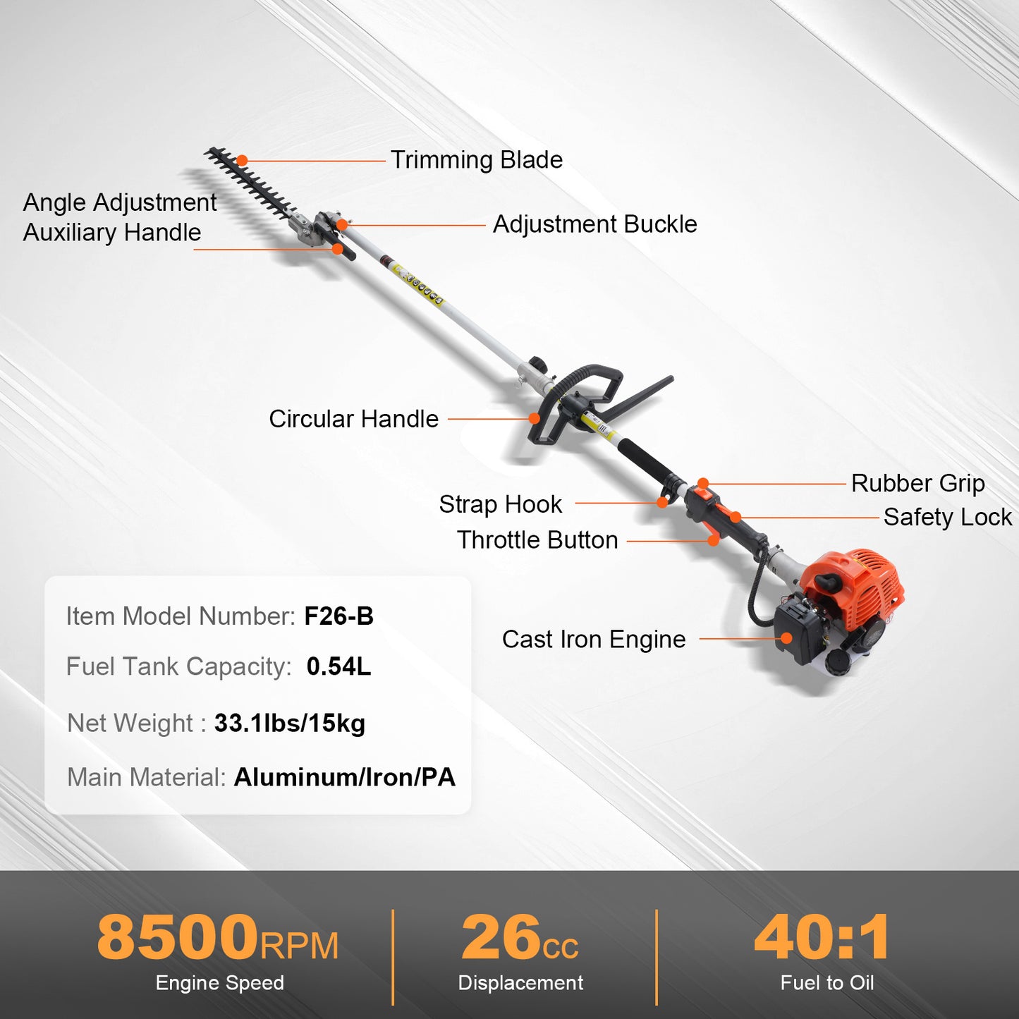 Multifunctioneel Tuingereedschapset – 5-in-1 Bosmaaier – Heggenschaar – Snoeigereedschap – Trimmer – 26CC Benzinemotor – Lichtgewicht Ergonomisch – Eenvoudig Wisselbare Opzetstukken