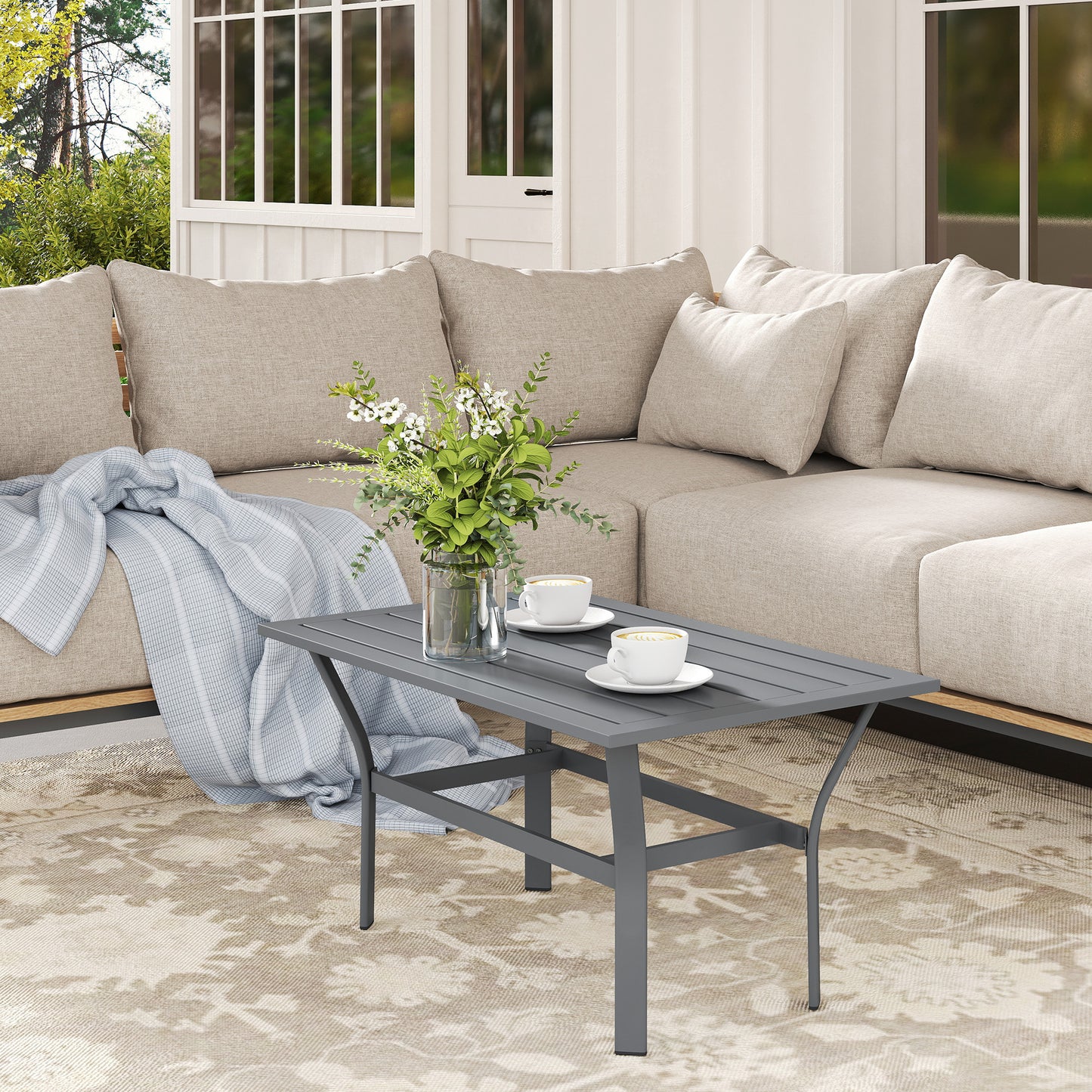 Metalen Bijzettafel – Buiten Tafel – Balkon Tafel – Coffee Table – Tuin Tafel – Donkergrijs – Weerbestendig – 91,5 x 55 x 45 cm