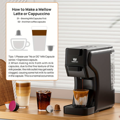 3-in-1 Koffiemachine – Espressozetapparaat – Cappuccinomachine – Latte Macchiato Maker – Capsule Koffiezetter – 19 Bar Drukpomp – Geschikt Voor Dolce Gusto, Nespresso & Gemalen Koffie – Compact Zwart Design