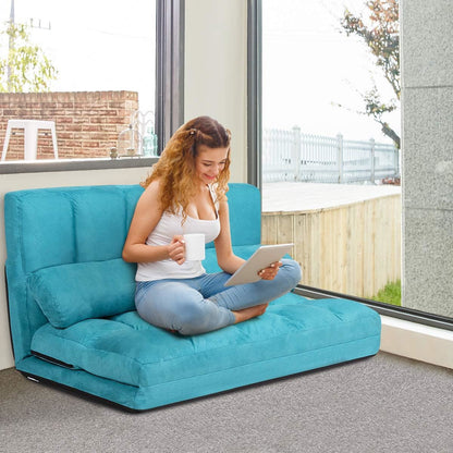 Verstelbare Vloerbank – Slaapbank – Lounger – Gamestoel – Relaxstoel – 6-Posities Rugleuning – Zachte Suède Bekleding – Inclusief 2 Kussens – Blauw – 71 x 44,5 Inch