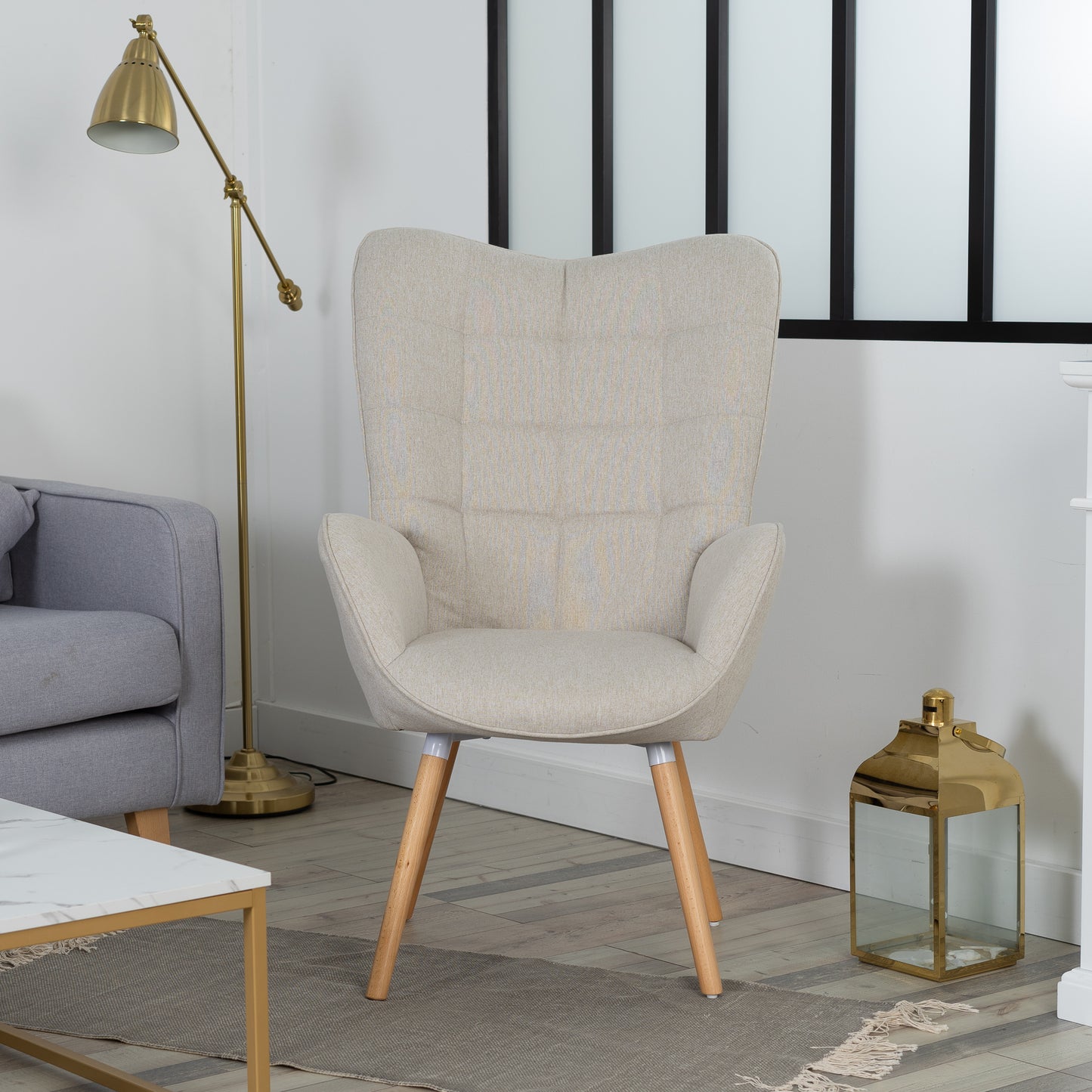 Scandinavische Fauteuil – Armstoel – Lounge Stoel – Zetel – Relaxstoel – Beige Patchwork Stof – Houten Poten – Ergonomisch Design