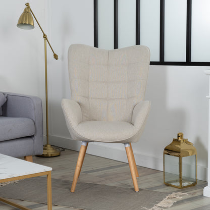 Scandinavische Fauteuil – Armstoel – Lounge Stoel – Zetel – Relaxstoel – Beige Patchwork Stof – Houten Poten – Ergonomisch Design