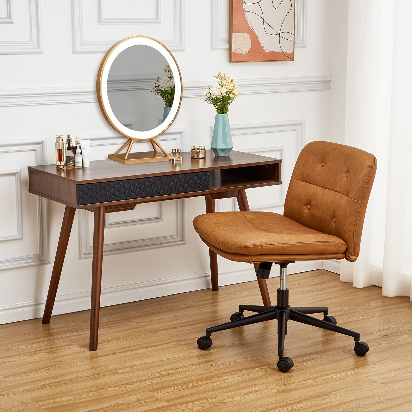 HAUSPROFI Adjustable Height Cross Legged Office Chair - Armless Swivel Desk Chair with 5-Wheel Base, Ergonomic Wide Seat & Solid Back Support, Brown - Portable Rolling Vanity Chair for Home Office, Dorm, Living Room, Dorm Roo