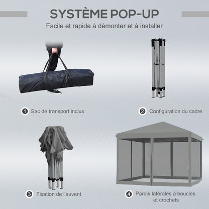 Paviljoen – Tuinkamer – Tunneltent – Partytent – Gazebo – Grijs – 3x3 Meter – 4 Afneembare Muggennetten