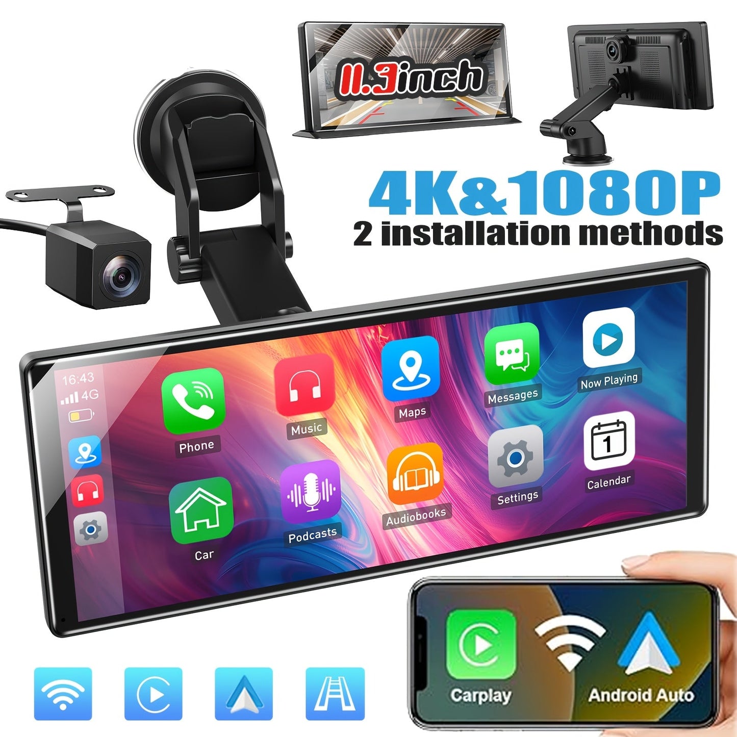 Autoradio – Multimedia Systeem – Autostereo – Car Radio – Inbouw Radio – 11,3 Inch IPS Touchscreen – 4K Frontcamera & 1080P Achteruitrijcamera