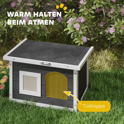 Kattenhuis – Huisdierhuisje – Houten Kattenhut – Knus Dierenverblijf – Krabpaal Mat – Grijs – Waterafstotend Grenenhout – Inclusief Deurflap en Krabmat