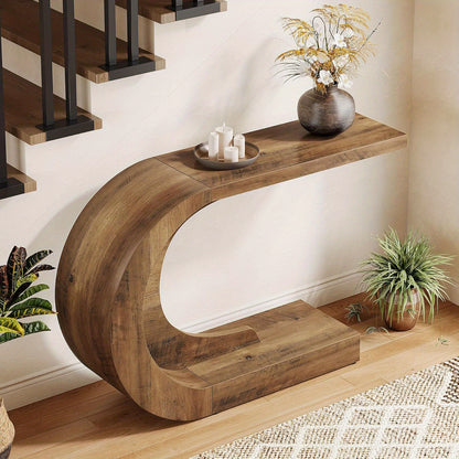 Sidetable – Bijzettafel – Halmeubel – Console Tafel – Woonkamermeubel – Mid-Century Modern C-Vorm – Rustieke Bruine Afwerking – Duurzaam Gelamineerd Hout - QUORE