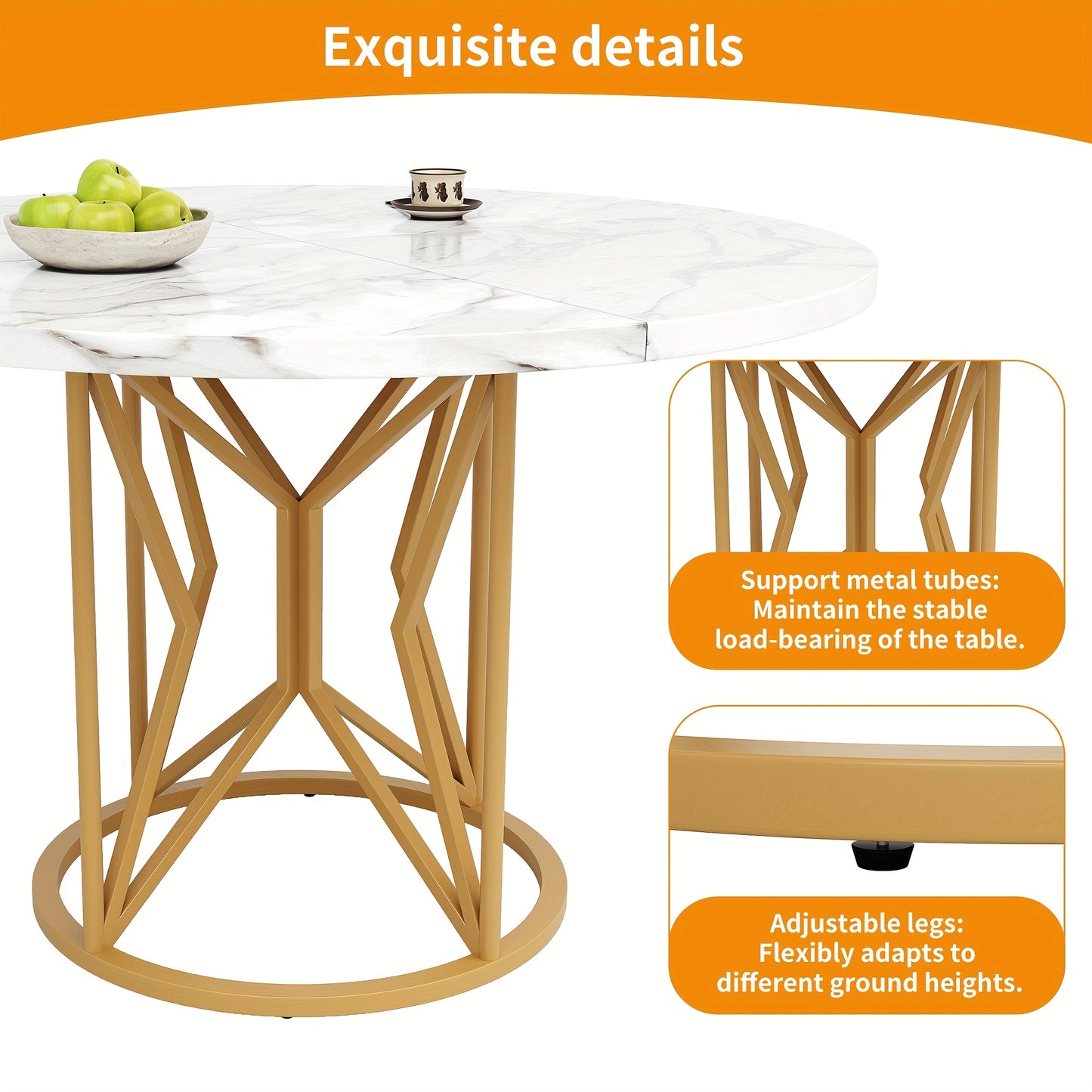 Ronde Eettafel – Ronde Tafel – Keukentafel – Salontafel – Tafeltje – Metalen Geometrische Poten – Marmeren MDF Blad Gouden Finish 100x100x76 cm