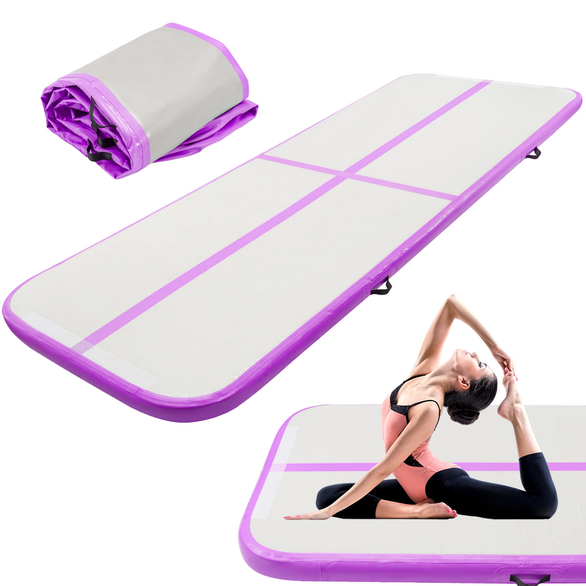 10FT PVC Air Mat | 3m×1m×10cm Inflatable Tumbling Gymnastics Mat for Yoga Training, Solid Color in, Purple, Fluorescent Green - Youyijia